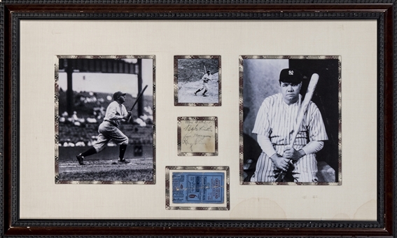 Babe Ruth Signed Cut With 3 Photos and 1926 World Series Game 6 Ticket Stub In 29x18 Framed Display (Beckett)